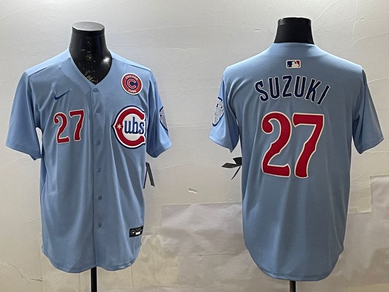 Men Chicago Cubs #27 Suzuki Light Blue Throwback 2025 Nike MLB Jersey style 3->chicago cubs->MLB Jersey